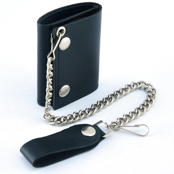 Black Tri-Fold Genuine Leather Wallet with Chain