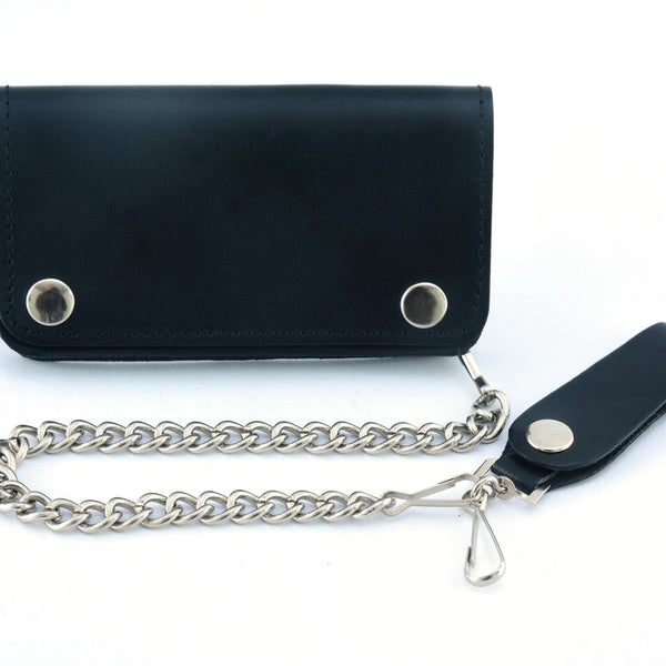 Black Leather Long Bi-Fold Biker Chain Wallet