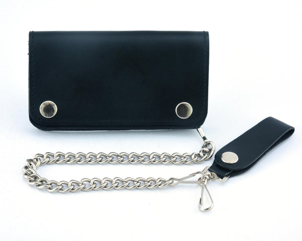 Black Leather Long Bi-Fold Biker Chain Wallet