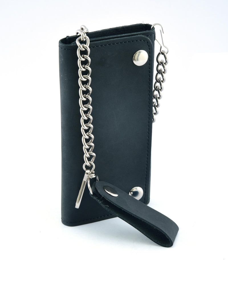 Matte Black Biker Leather Wallet with Chain