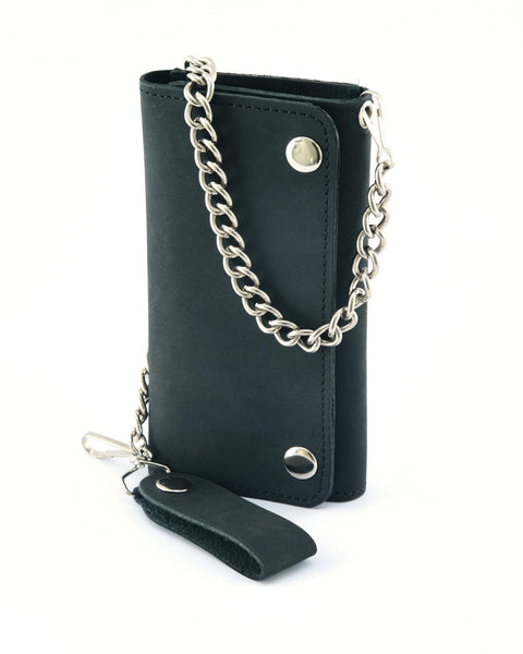 Matte Black Biker Leather Wallet with Chain