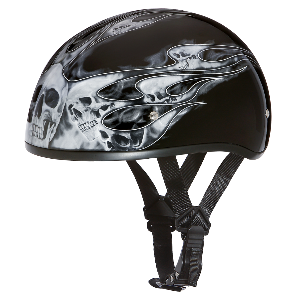 D6-SFS D.O.T. DAYTONA SKULL CAP - W/ SKULL FLAMES SILVER-1/2 Shell Helmets-Daniel Smart Mfg - Retail