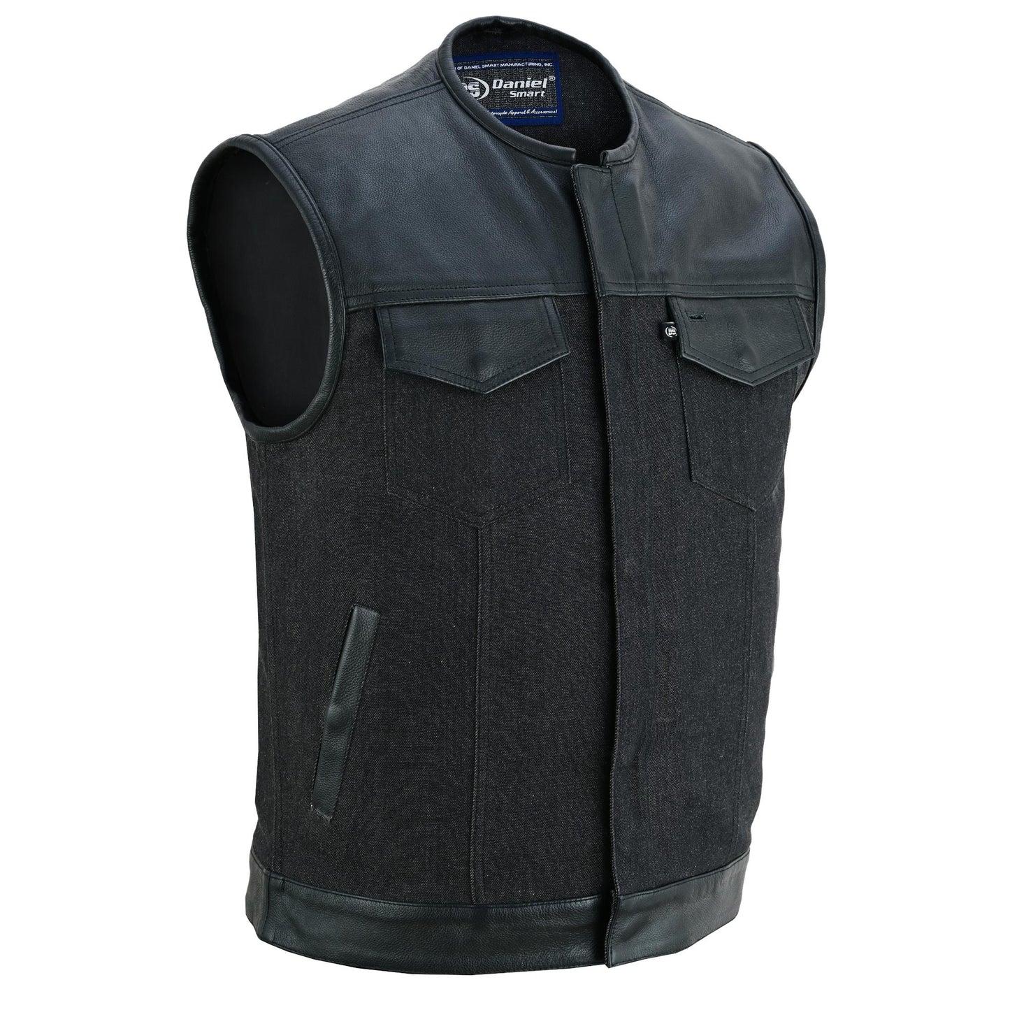 DM901 Men's Leather/Denim Combo Vest Without Collar-Daniel Smart Mfg - Retail