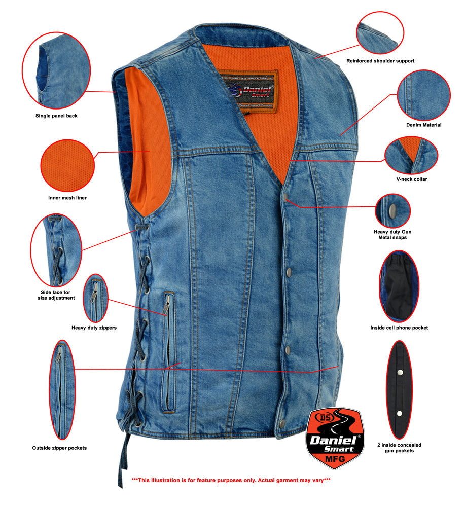 DM905BU Men's Single Back Panel Concealed Carry Denim Vest-Daniel Smart Mfg - Retail