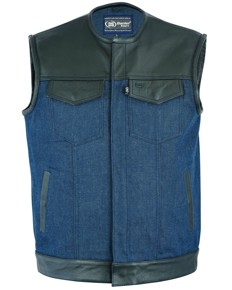 DM933 Men's Leather/Denim Combo Vest (Black/Broken Blue)-Daniel Smart Mfg - Retail