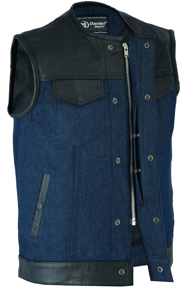 DM933 Men's Leather/Denim Combo Vest (Black/Broken Blue)-Daniel Smart Mfg - Retail