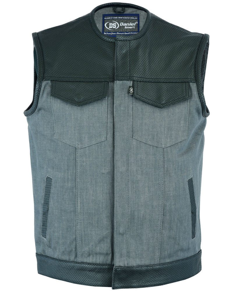 DM934 Men's Perforated Leather/Denim Combo Vest (Black/ Ash Gray)-Daniel Smart Mfg - Retail