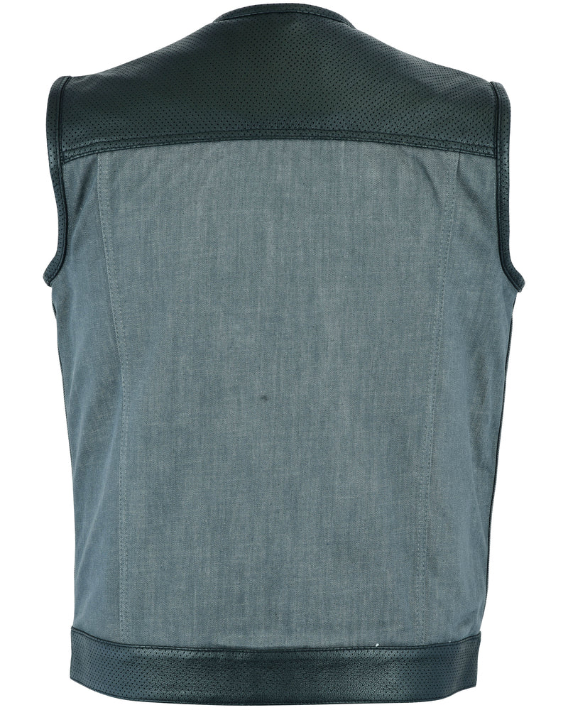 DM934 Men's Perforated Leather/Denim Combo Vest (Black/ Ash Gray)-Daniel Smart Mfg - Retail