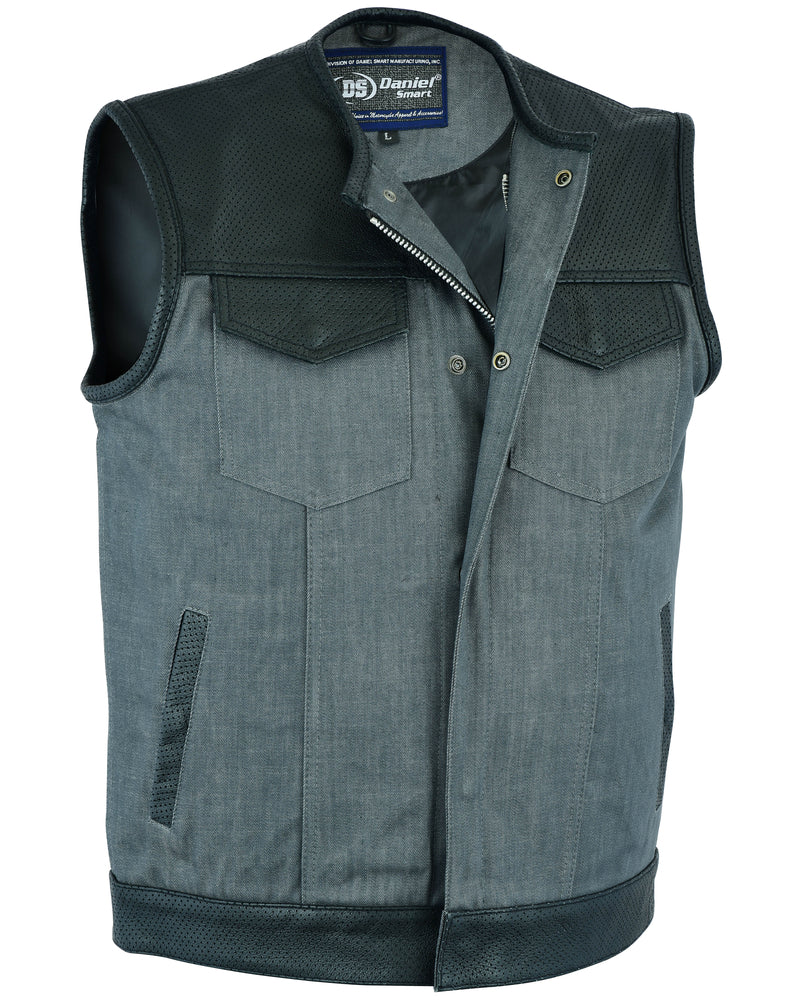 DM934 Men's Perforated Leather/Denim Combo Vest (Black/ Ash Gray)-Daniel Smart Mfg - Retail