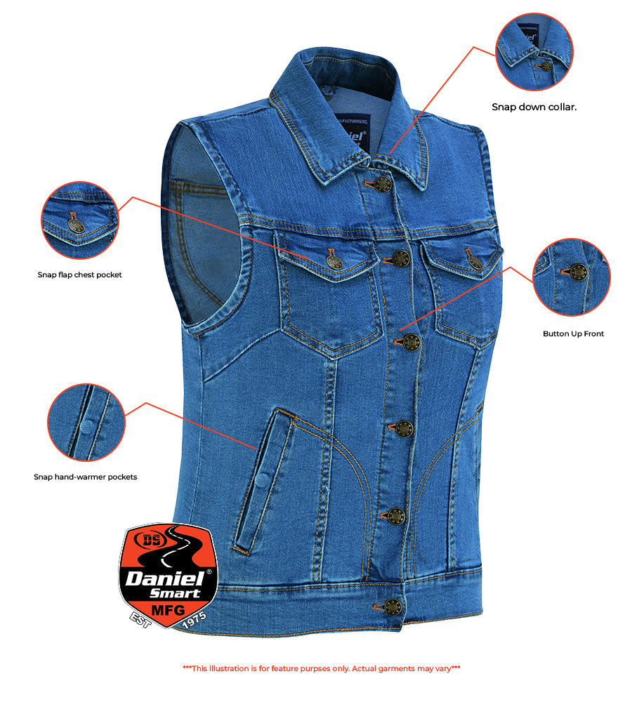 DM943 Women's Blue Denim Snap Front Vest-Daniel Smart Mfg - Retail