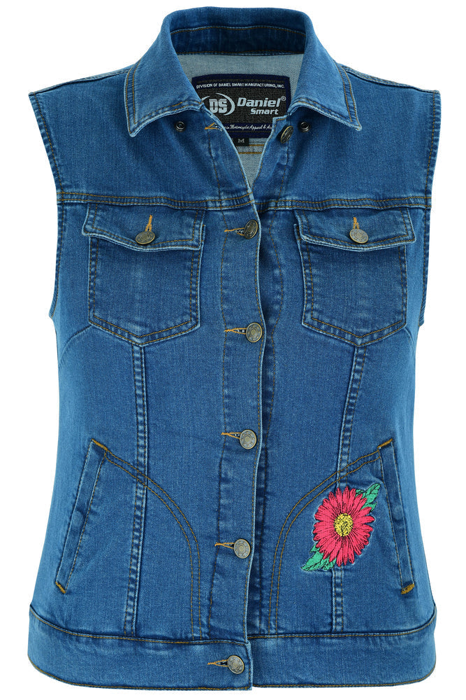 DM944 Women's Blue Denim Snap Front Vest with Red Daisy-Daniel Smart Mfg - Retail