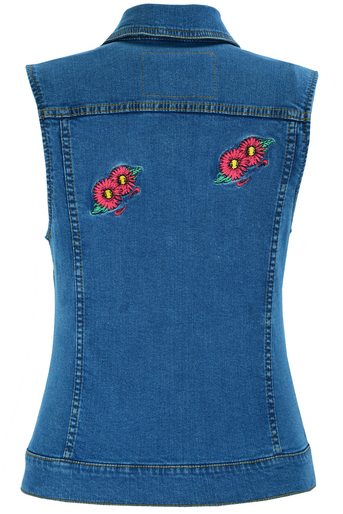 DM944 Women's Blue Denim Snap Front Vest with Red Daisy-Daniel Smart Mfg - Retail