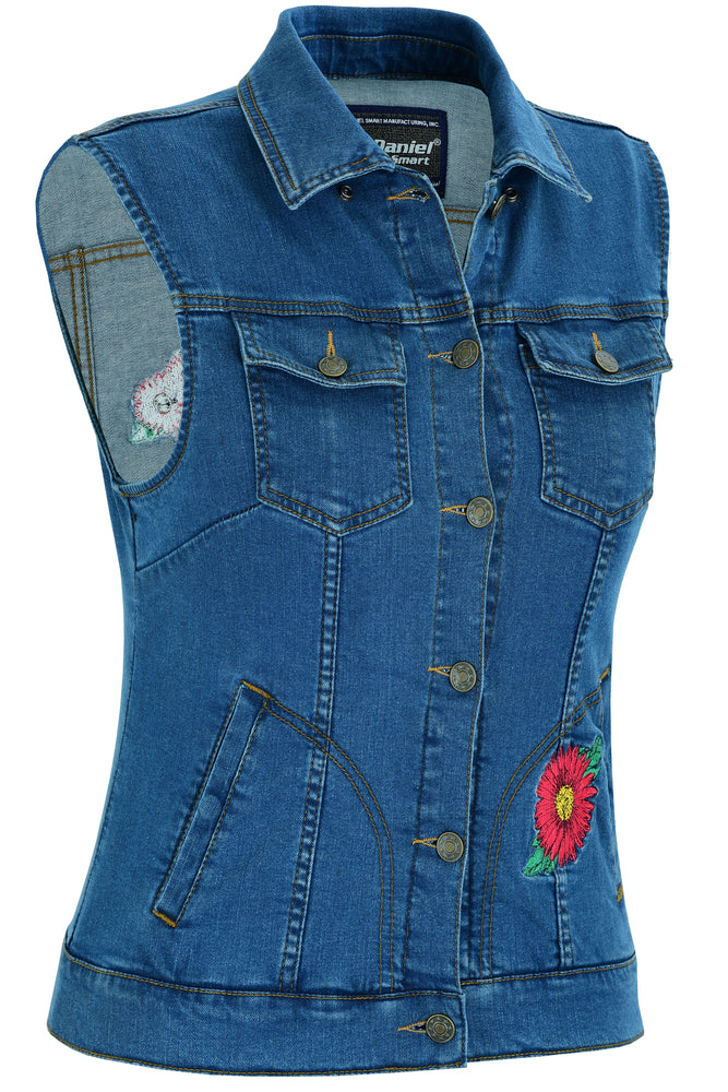 DM944 Women's Blue Denim Snap Front Vest with Red Daisy-Daniel Smart Mfg - Retail