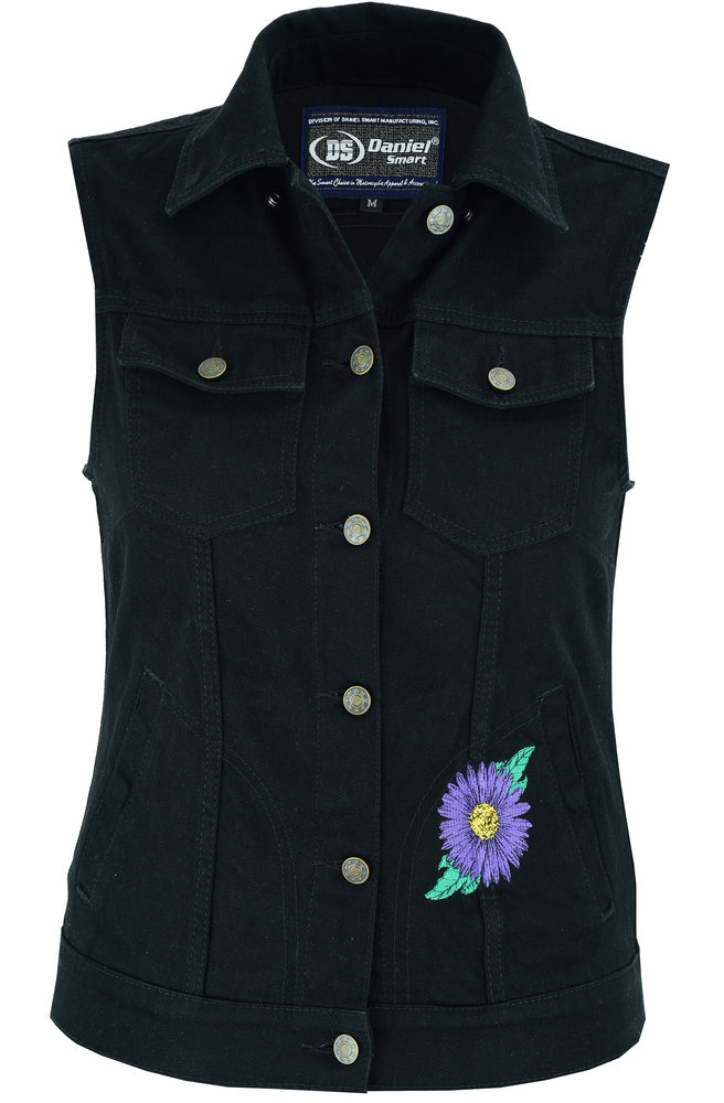 DM945 Women's Black Denim Snap Front Vest with Purple Daisy-Daniel Smart Mfg - Retail