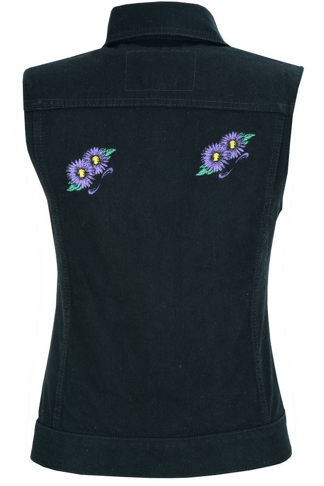 DM945 Women's Black Denim Snap Front Vest with Purple Daisy-Daniel Smart Mfg - Retail