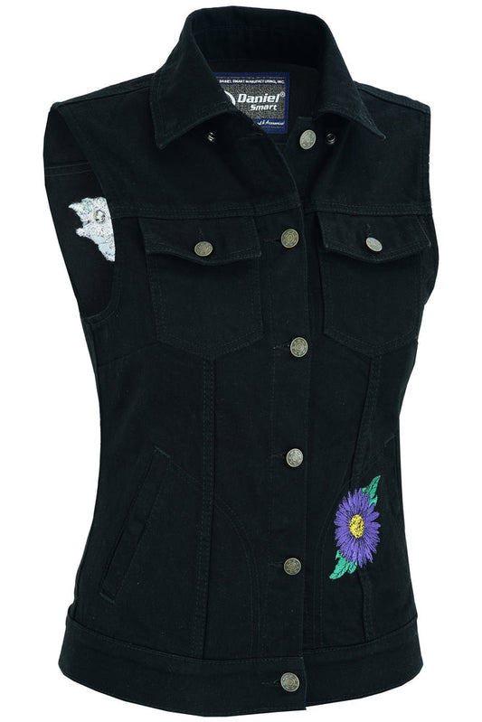 DM945 Women's Black Denim Snap Front Vest with Purple Daisy-Daniel Smart Mfg - Retail