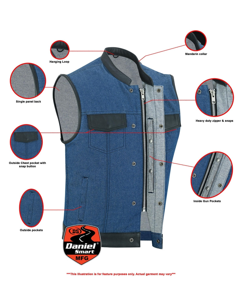 DM961 Men's Broken Blue RoughRub-Off Raw Finish Denim Vest W/Leather-Daniel Smart Mfg - Retail