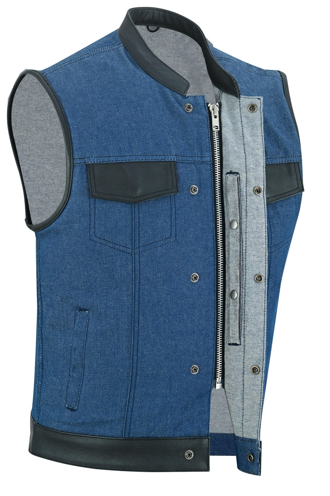 DM961 Men's Broken Blue RoughRub-Off Raw Finish Denim Vest W/Leather-Daniel Smart Mfg - Retail