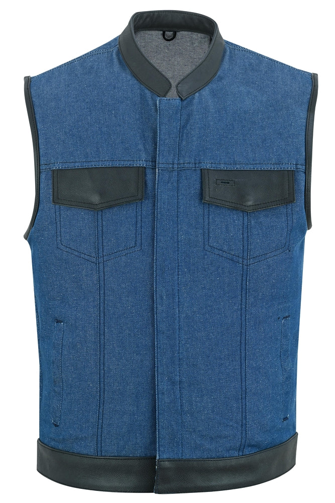 DM961 Men's Broken Blue RoughRub-Off Raw Finish Denim Vest W/Leather-Daniel Smart Mfg - Retail