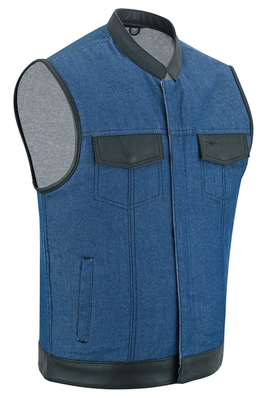 DM961 Men's Broken Blue RoughRub-Off Raw Finish Denim Vest W/Leather-Daniel Smart Mfg - Retail