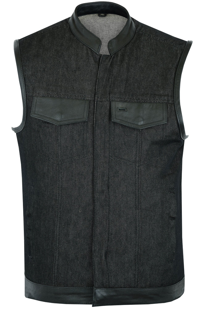 DM962 Men's Rough Rub-Off Raw Finish Denim Vest W/Leather Trim - Scoop Collar-Daniel Smart Mfg - Retail