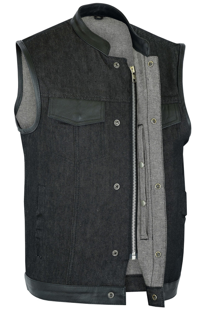 DM962 Men's Rough Rub-Off Raw Finish Denim Vest W/Leather Trim - Scoop Collar-Daniel Smart Mfg - Retail