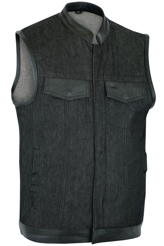 DM962 Men's Rough Rub-Off Raw Finish Denim Vest W/Leather Trim - Scoop Collar-Daniel Smart Mfg - Retail