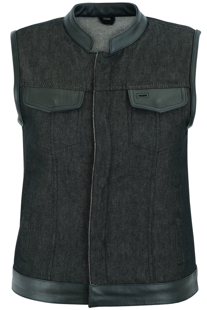 DM963 Women's Rough Rub-Off Raw Finish Denim Vest W/Leather Trim-Daniel Smart Mfg - Retail