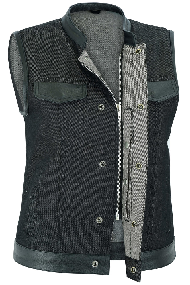 DM963 Women's Rough Rub-Off Raw Finish Denim Vest W/Leather Trim-Daniel Smart Mfg - Retail