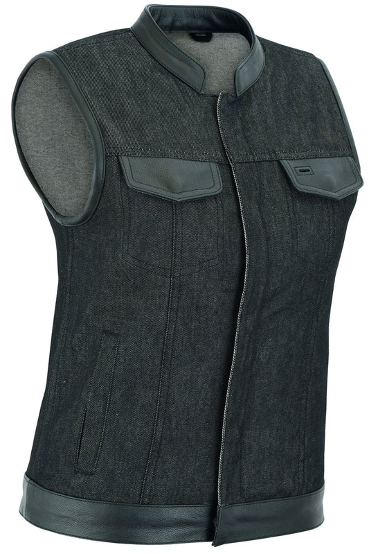 DM963 Women's Rough Rub-Off Raw Finish Denim Vest W/Leather Trim-Daniel Smart Mfg - Retail