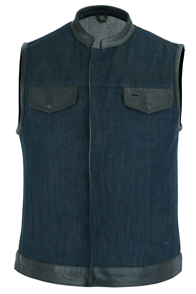 DM964 Women's Broken Blue Rough Rub-Off Raw Finish Denim Vest W/Leather Trim-Daniel Smart Mfg - Retail