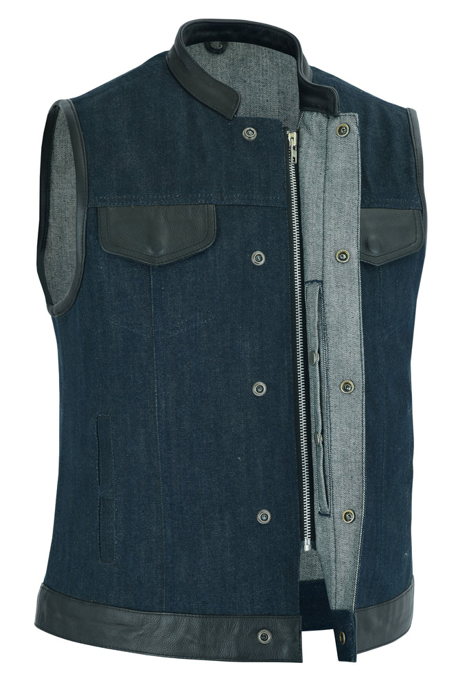 DM964 Women's Broken Blue Rough Rub-Off Raw Finish Denim Vest W/Leather Trim-Daniel Smart Mfg - Retail