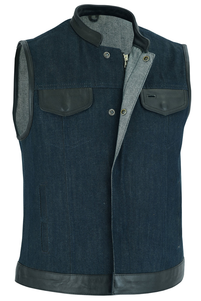 DM964 Women's Broken Blue Rough Rub-Off Raw Finish Denim Vest W/Leather Trim-Daniel Smart Mfg - Retail