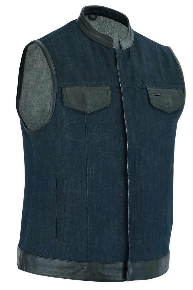 DM964 Women's Broken Blue Rough Rub-Off Raw Finish Denim Vest W/Leather Trim-Daniel Smart Mfg - Retail