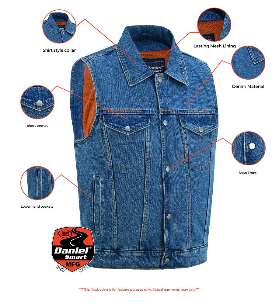 DM970BU Snap Front Denim Vest- Blue-Daniel Smart Mfg - Retail