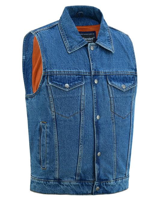 DM970BU Snap Front Denim Vest- Blue-Daniel Smart Mfg - Retail