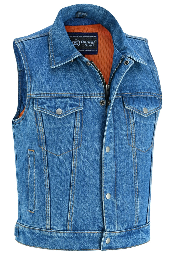 DM979BU Snap/Zipper Front Denim Vest- Blue-Daniel Smart Mfg - Retail