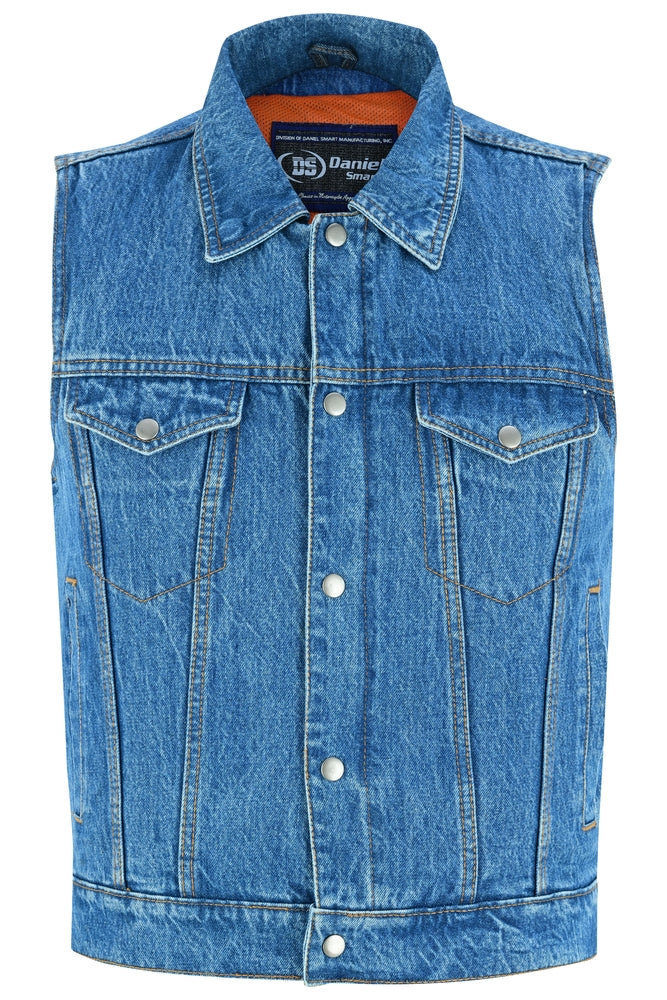 DM979BU Snap/Zipper Front Denim Vest- Blue-Daniel Smart Mfg - Retail