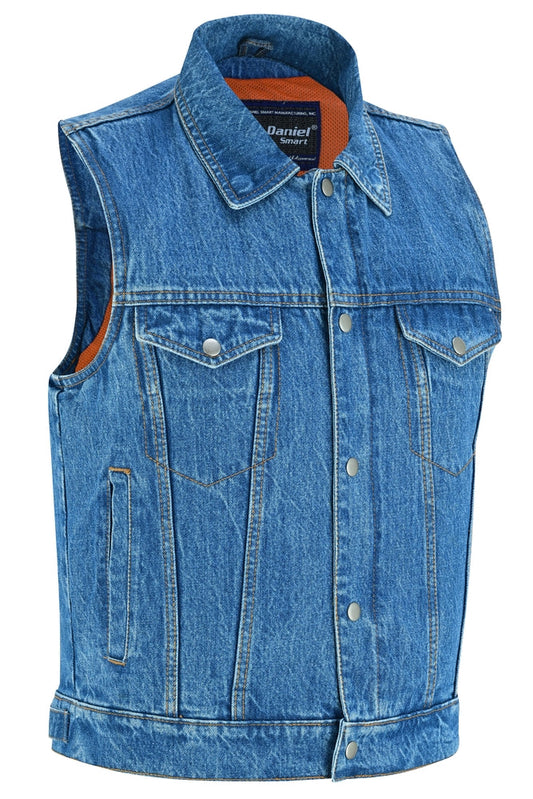 DM979BU Snap/Zipper Front Denim Vest- Blue-Daniel Smart Mfg - Retail