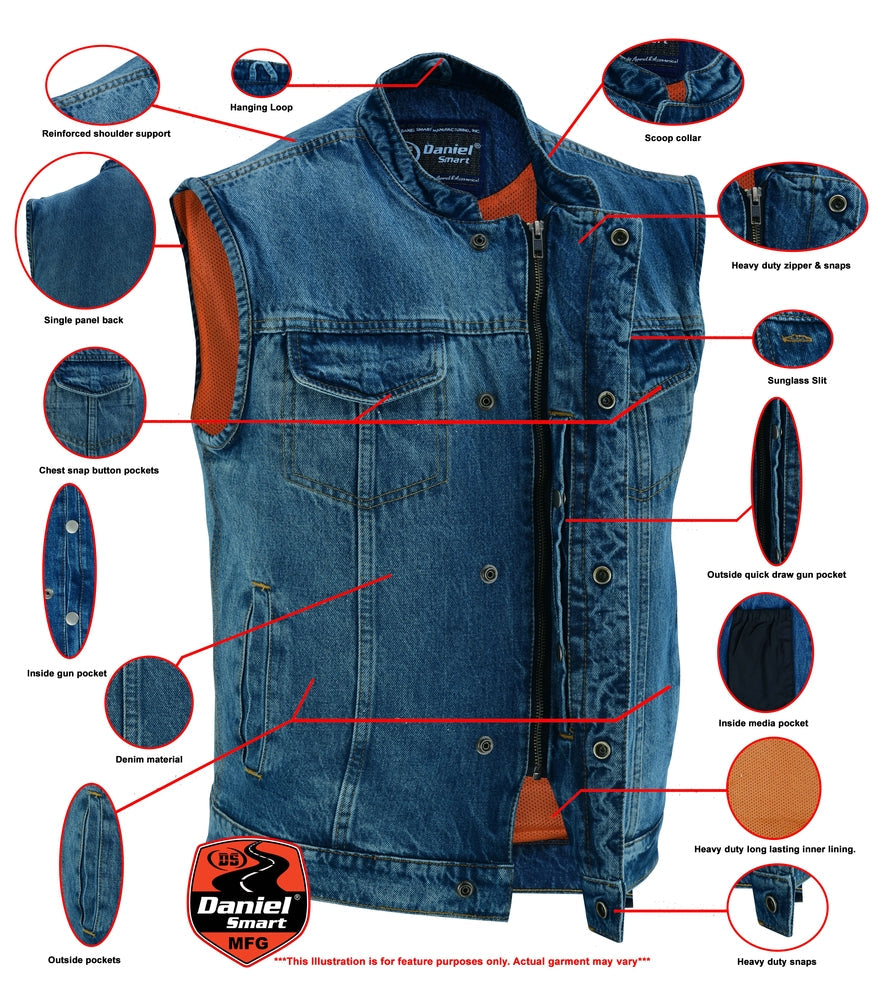 DM989BU Concealed Snap Closure, Denim Material, Scoop Collar & Hidden-Daniel Smart Mfg - Retail