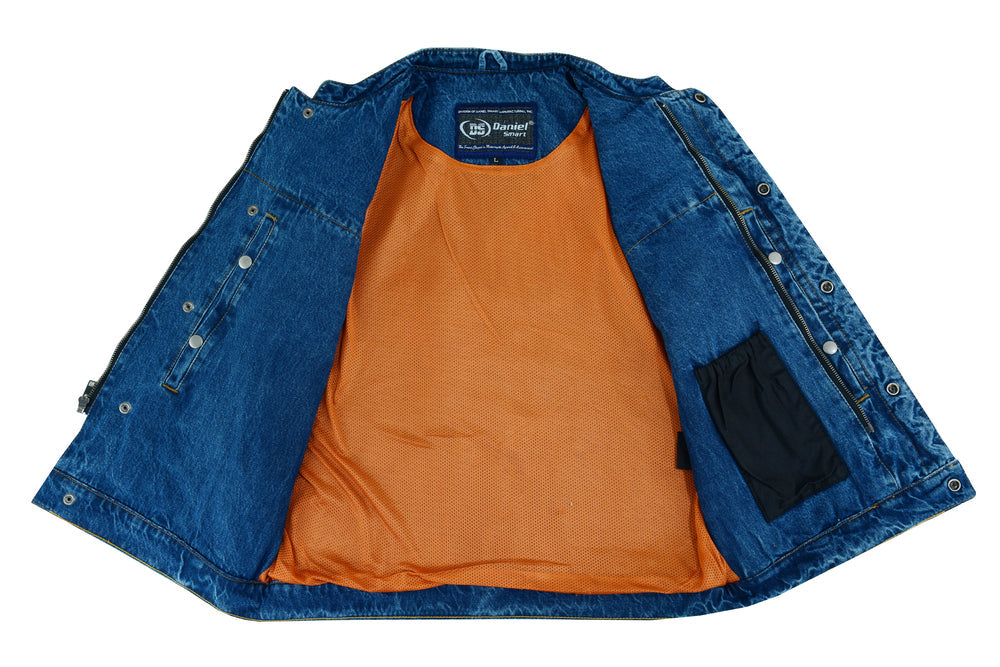 DM989BU Concealed Snap Closure, Denim Material, Scoop Collar & Hidden-Daniel Smart Mfg - Retail