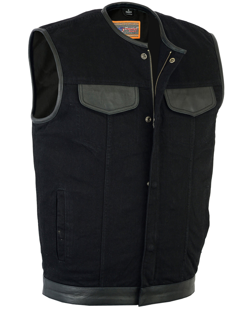 DM991 Men's Black Denim Single Panel Concealment Vest W/Leather Trim-Daniel Smart Mfg - Retail