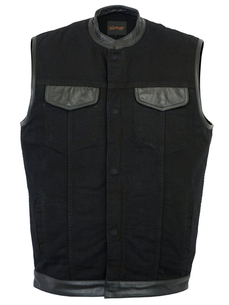 DM992 Men's Black Denim Single Panel Concealment Vest W/ Leather Trim-Daniel Smart Mfg - Retail