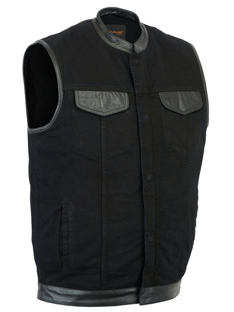 DM992 Men's Black Denim Single Panel Concealment Vest W/ Leather Trim-Daniel Smart Mfg - Retail