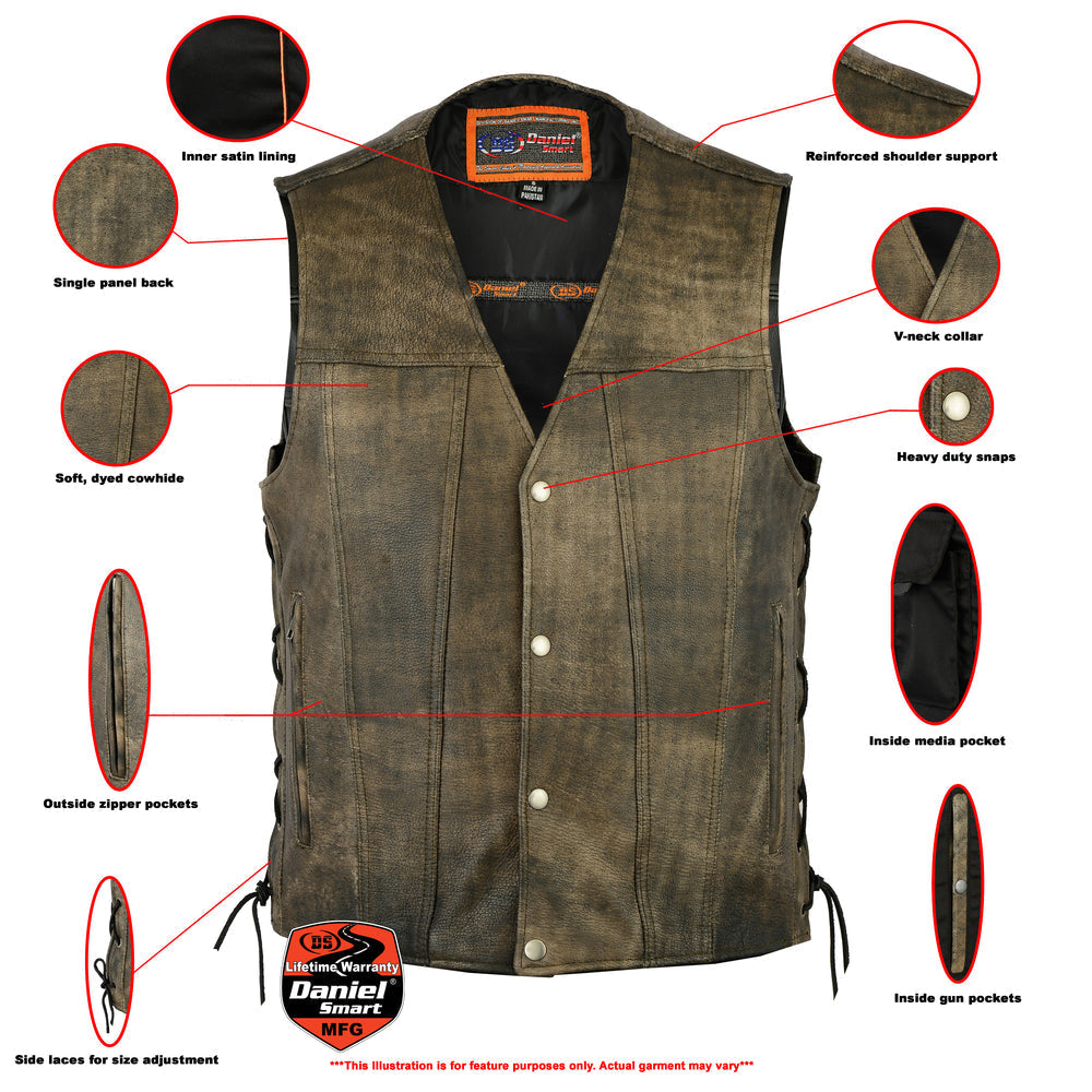 DS107 Men's Antique Brown Single Back Panel Concealed Carry Vest-Daniel Smart Mfg - Retail