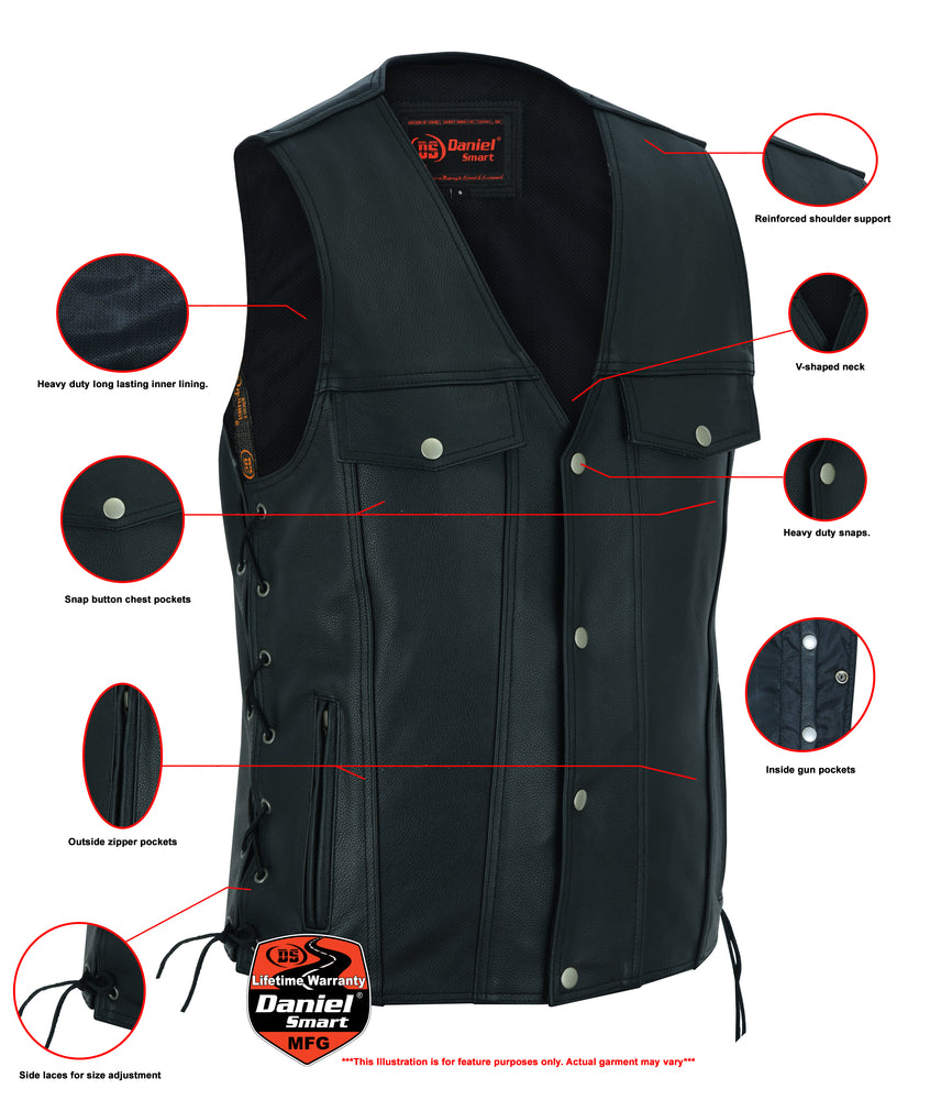 DS124 Men's Black Leather Vest with Side Laces and Gun Pockets-Daniel Smart Mfg - Retail