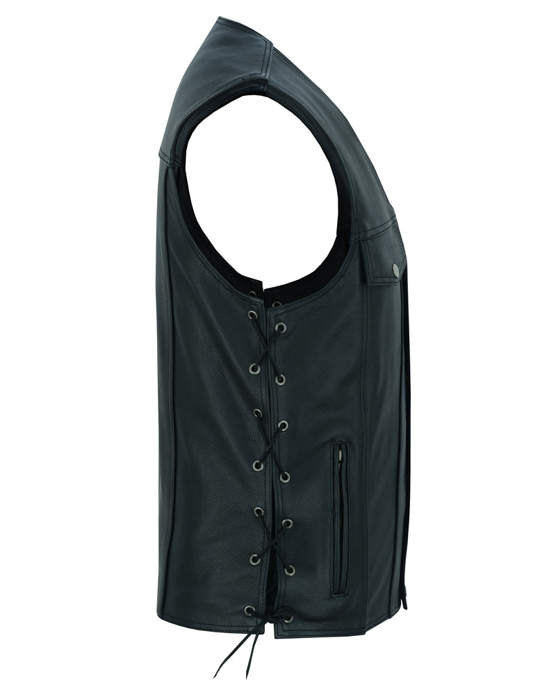 DS124 Men's Black Leather Vest with Side Laces and Gun Pockets-Daniel Smart Mfg - Retail