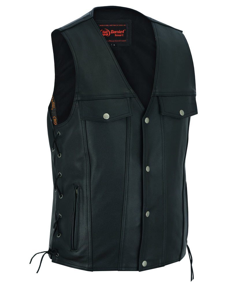 DS124 Men's Black Leather Vest with Side Laces and Gun Pockets-Daniel Smart Mfg - Retail