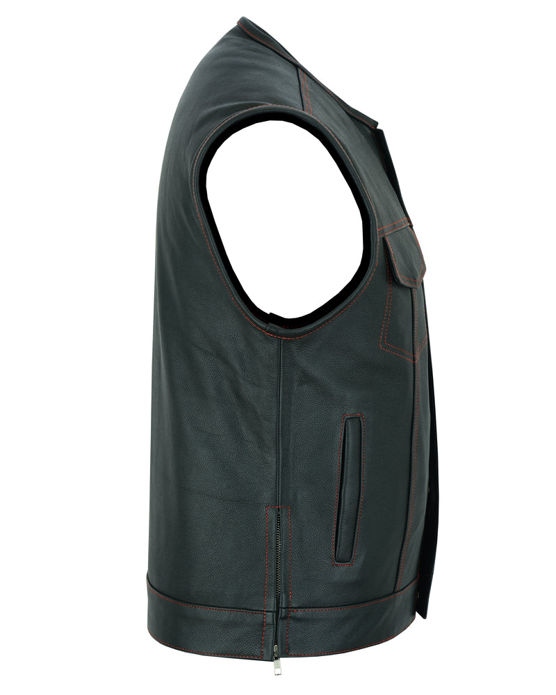 DS155 Men's Leather Vest with Red Stitching and USA Inside Flag Lining-Daniel Smart Mfg - Retail