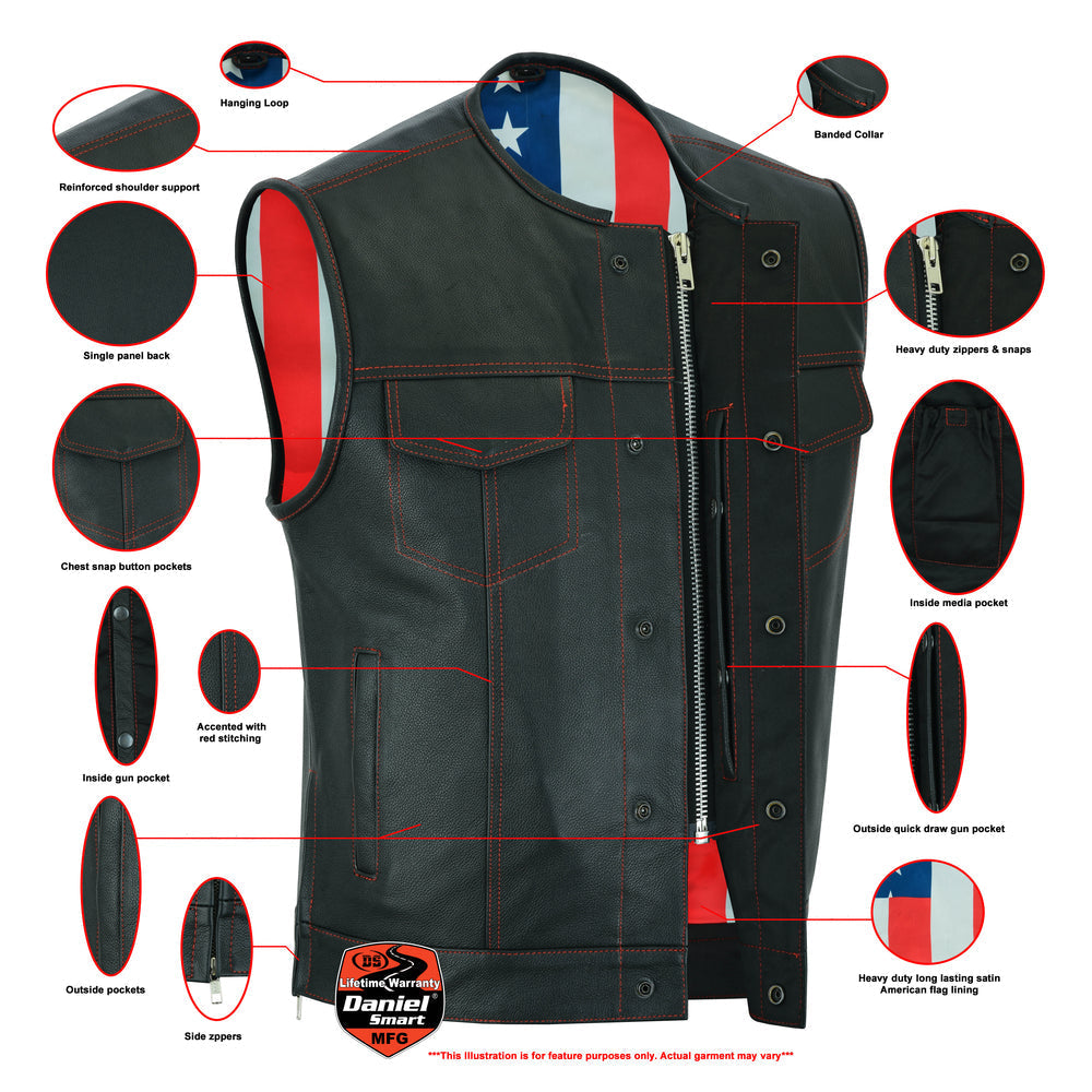 DS155 Men's Leather Vest with Red Stitching and USA Inside Flag Lining-Daniel Smart Mfg - Retail